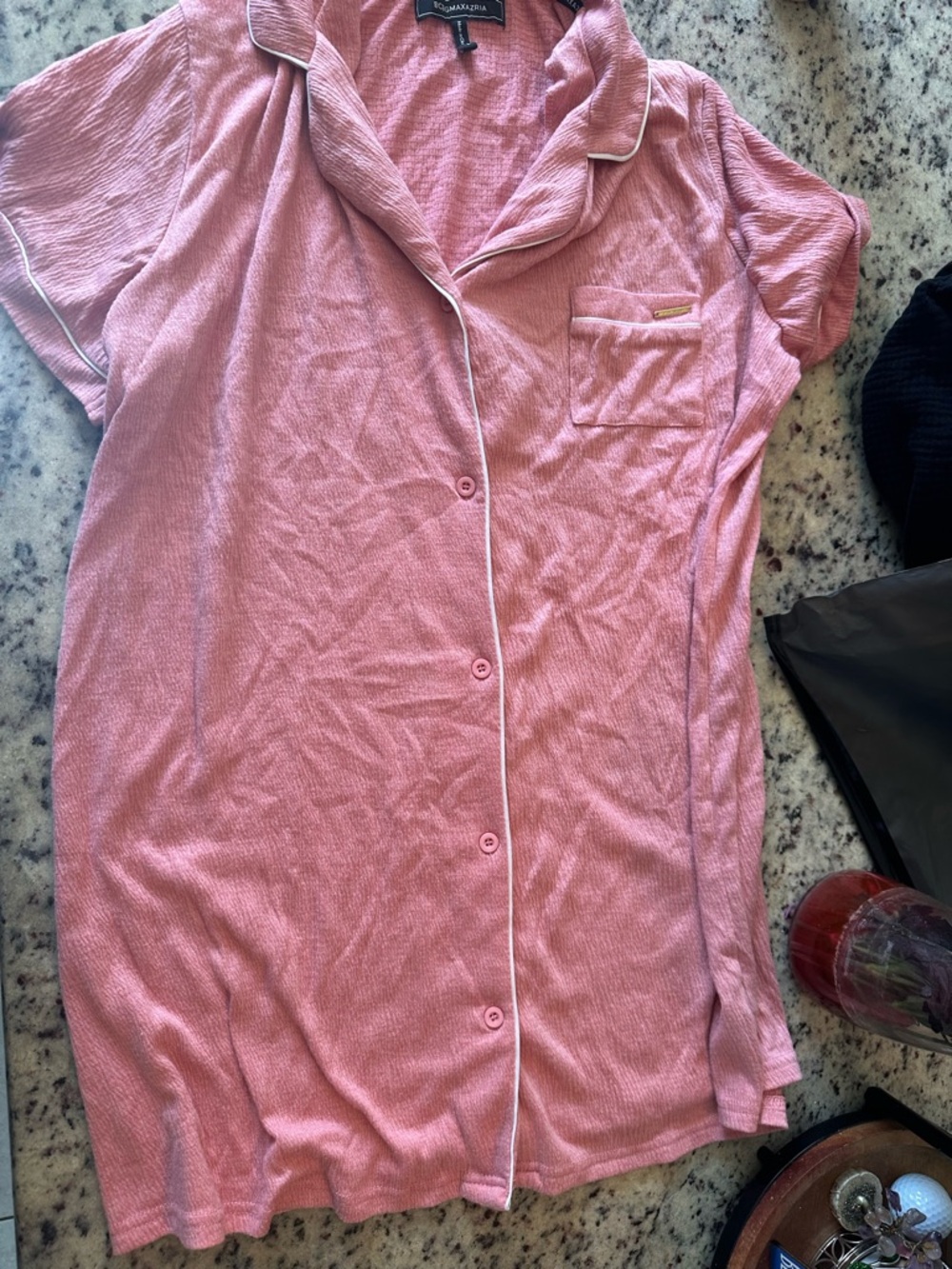 BCBG Pink Short-Sleeve Ribbed Button-Front Sleep Shirt with Contrast Piping